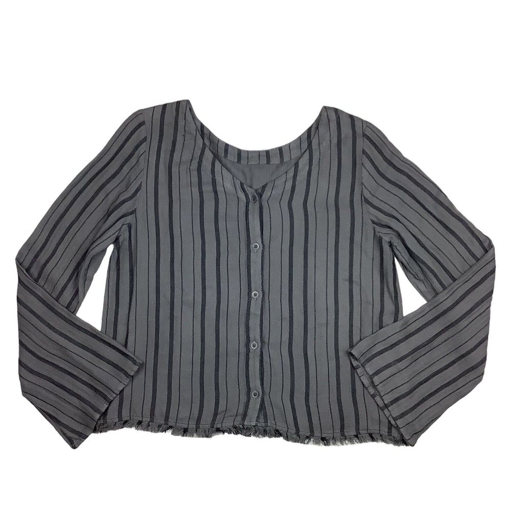 Cloth & Stone Button Long Sleeve Raw Frayed Hem Top Women's S Small Striped Gray